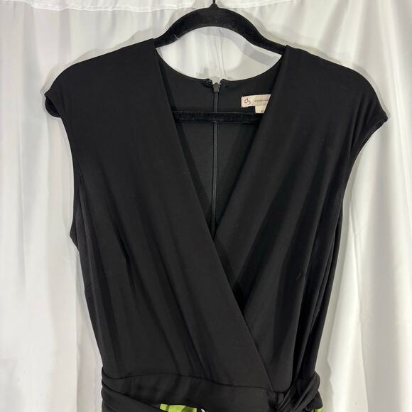 Dressbarn Fit Flare Dress 12 | Black Colorblock V-Neck Floral Leaf Party Dress - Picture 6 of 6